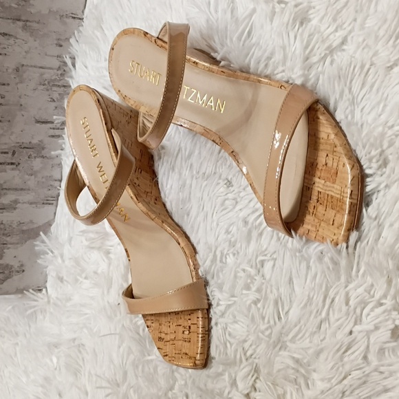 New Stuart Weitzman Aleena Nude Cork Wedge Square Toe Side Slip On Sandals 8B - Picture 7 of 16